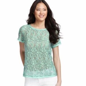 Ann Taylor Loft Mint Green Lace Short Sleeve Sheer Dainty Floral Blouse